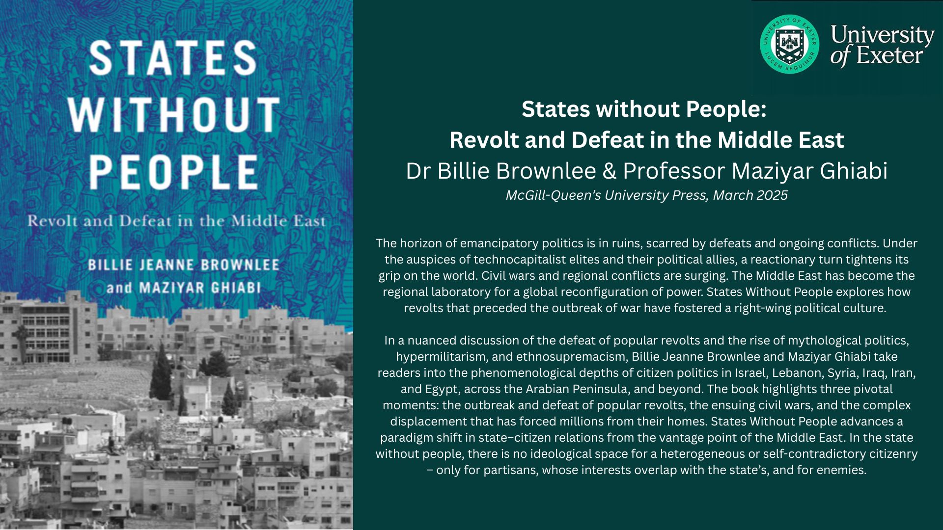 A picture of the cover for States Without People by Billie Jean Brownlee and Maziyar Ghiabi (left), and the book details (right).