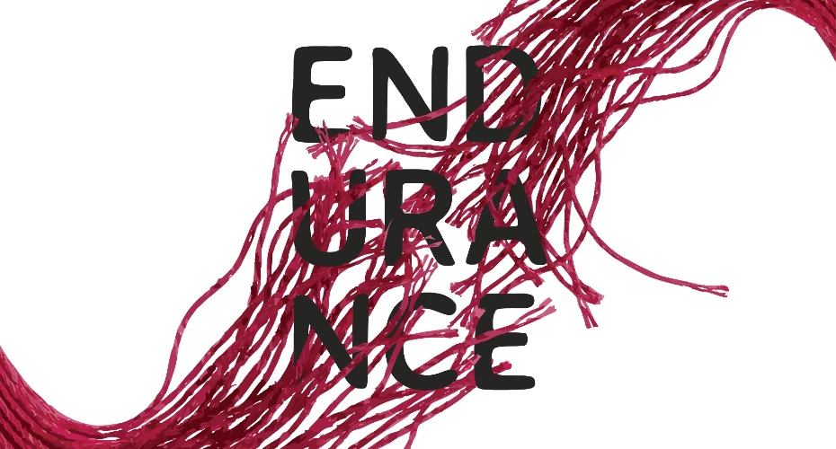 promotional image for exhibition called Endurance. Image has the word Endurance in black letters intertwined in red string, with white background
